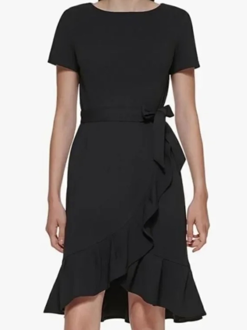 Calvin Klein Black Ruffle Tie-Waist High-Low Dress